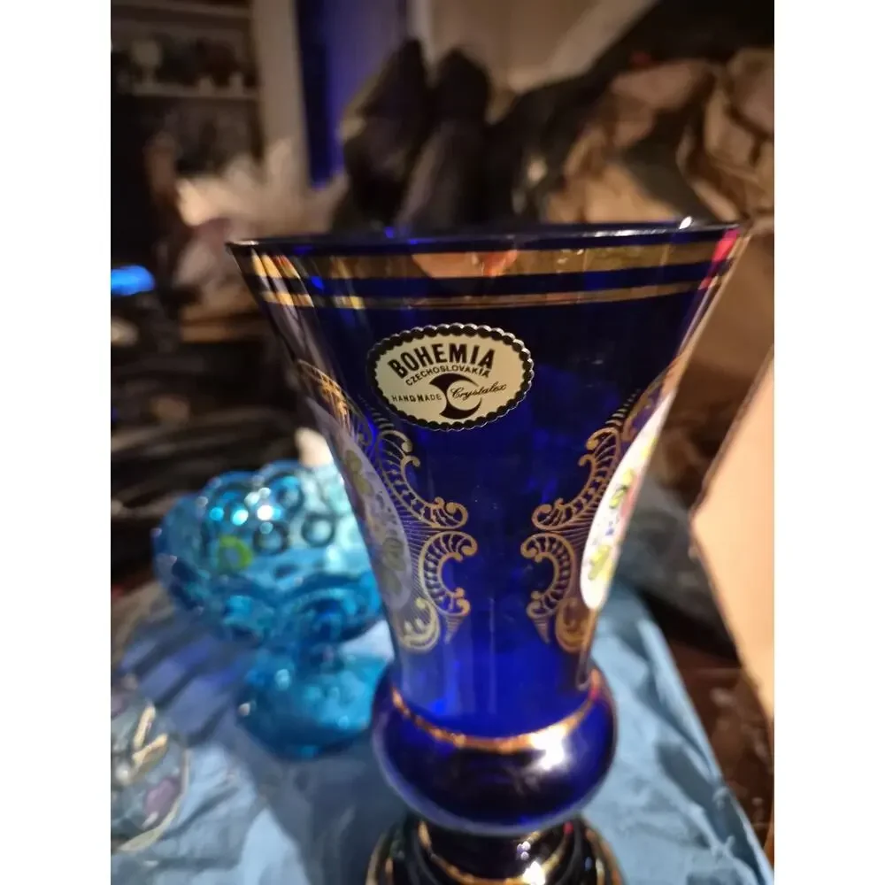 Vintage Bohemia Cobalt Blue Glass Vase Handpainted Colorful flowers Housed...